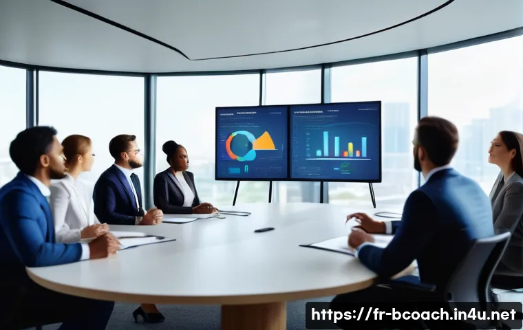 비즈니스 코치 자격증 종류 - A professional business coach leading a diverse group of executives in a modern conference room, emp...
