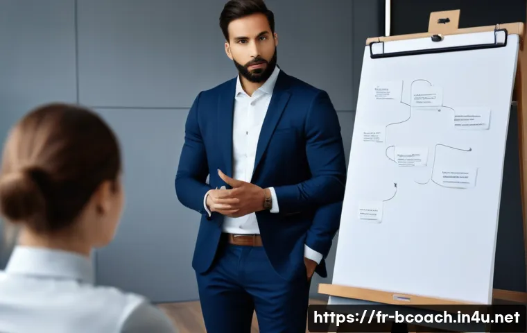 비즈니스 코칭의 핵심 중점과목 - A professional coaching session scene in a modern office with a diverse male coach attentively liste...
