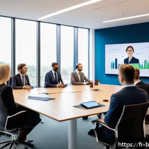 비즈니스 코칭의 미래 트렌드 - A modern business coaching session in a bright, sleek office featuring diverse professionals in busi...
