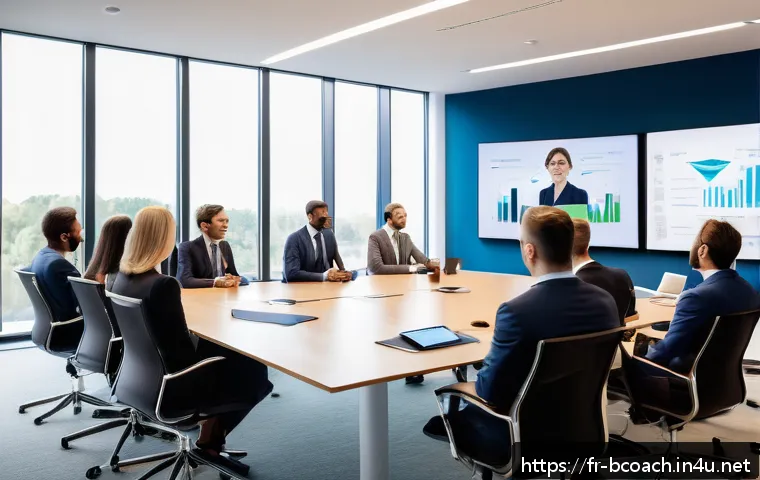 비즈니스 코칭의 미래 트렌드 - A modern business coaching session in a bright, sleek office featuring diverse professionals in busi...