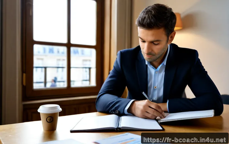 Home 27 비즈니스 코칭 자격증 취득 방법 - Photorealistic French business professional in a bright Paris coworking space, reviewing a business ...