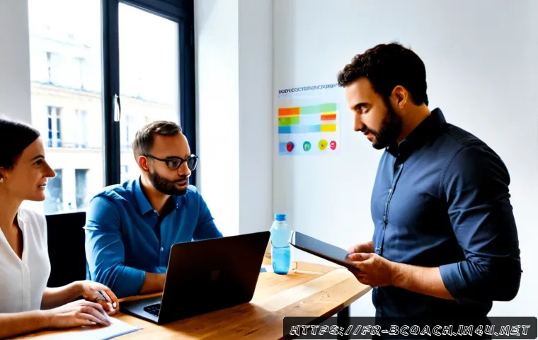 Home 14 비즈니스 코칭과 지속 가능한 성장 - Photorealistic business coaching session in a bright Parisian coworking office, an experienced Frenc...
